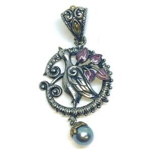 Estate Find Barbara Bixby 925 18k Enamel Pendant Dangle Pearl